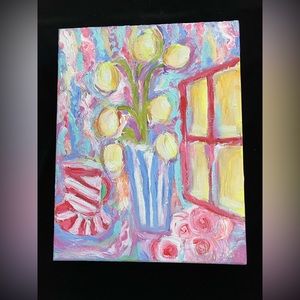 Large Yellow Tulips With Teacup Acrylic Original Painting 14”x11”x1.5”Canvas